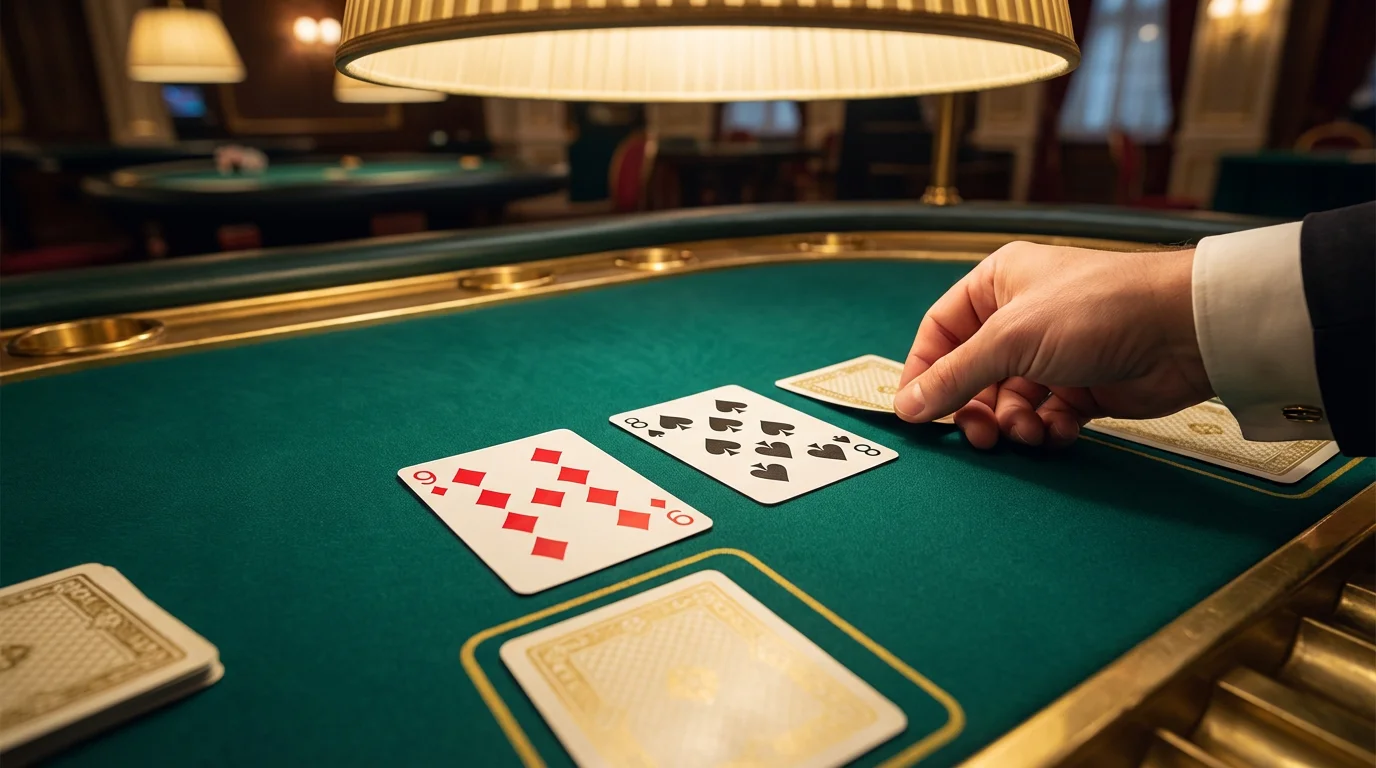 Baccarat cards being dealt on a dark green table with gold trim