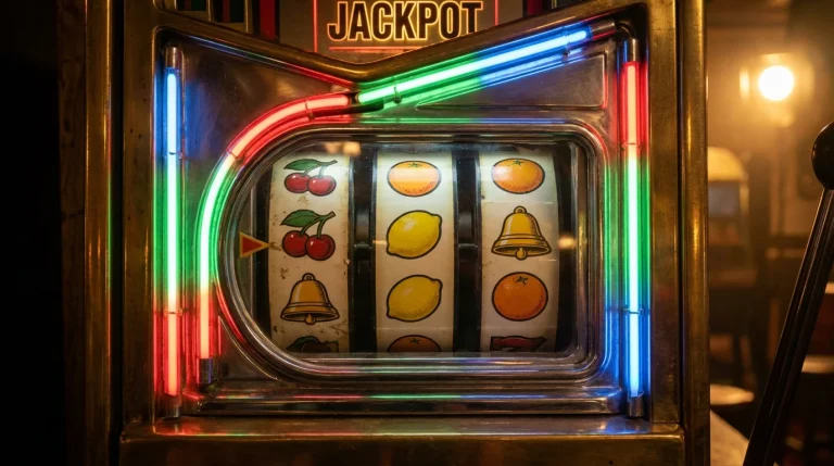 Close-up of a colourful slot machine reel display with bright lights