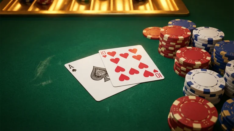 Blackjack hand showing an ace and a ten on green felt table