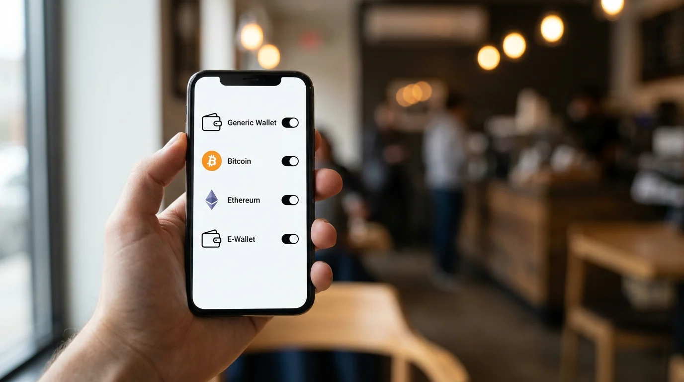 E-wallet and cryptocurrency payment options displayed on a smartphone screen