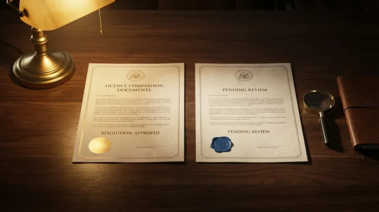 Two official documents side by side on a desk under a reading lamp