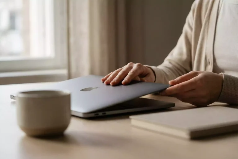 Person closing a laptop with a self-exclusion symbol on screen