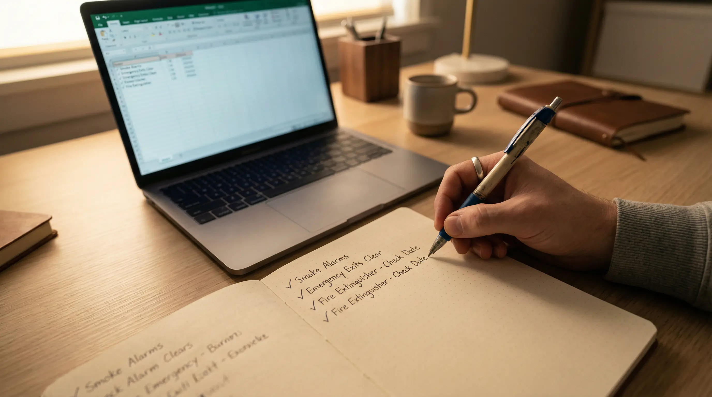 Person reviewing a safety checklist on a notepad beside a laptop