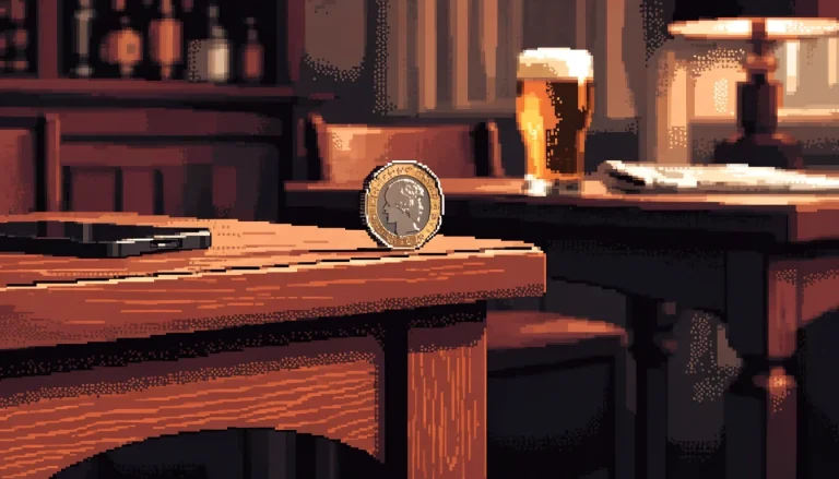 One-pound coin beside a face-down smartphone on a British pub table