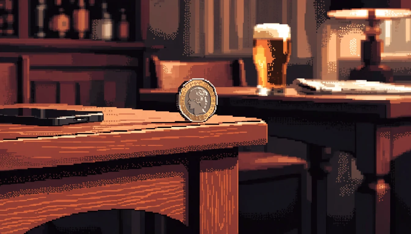 One-pound coin beside a face-down smartphone on a British pub table