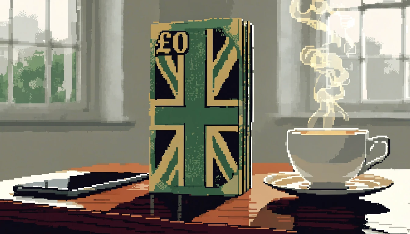 Ten-pound banknotes beside a smartphone and a cup of tea on a wooden table