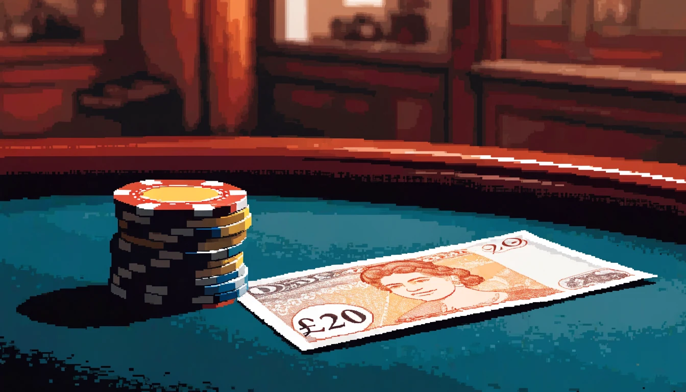 Twenty pound banknote and casino chips on a felt table