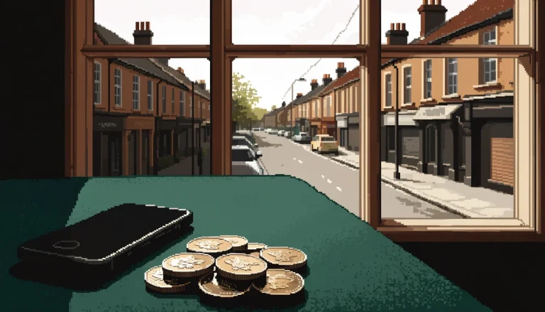 Three-pound coins on green felt beside a face-down smartphone with a British street view.