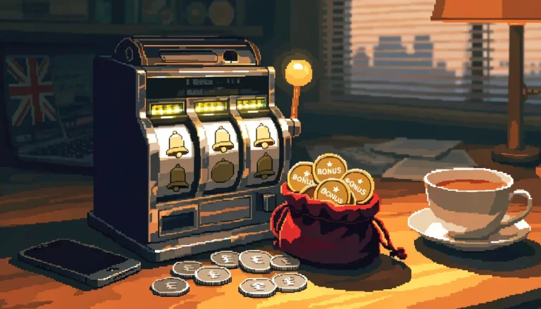 Slot machine, coins and bonus tokens on a desk in warm lamp light