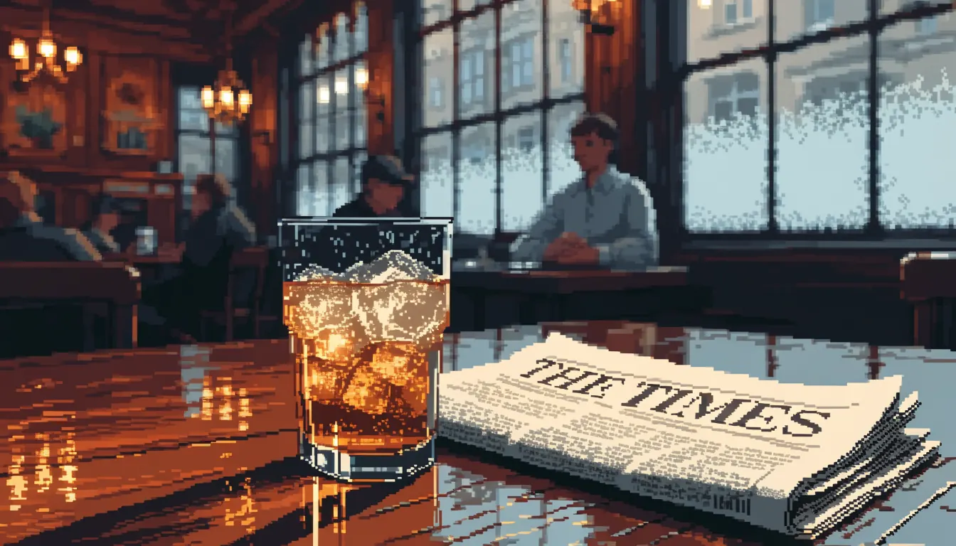 Amber drink and newspaper on a wooden pub table in a British pub interior.