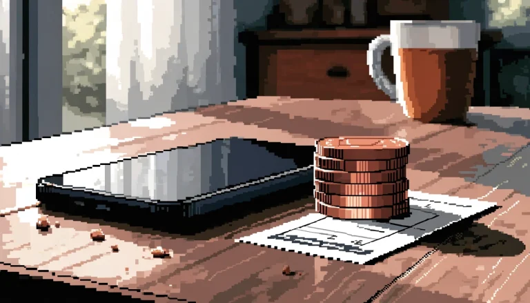 British pound coins and a voucher on a table with a face-down phone
