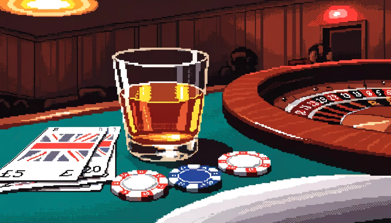 Five-pound notes and casino chips on green felt in a UK casino lounge.
