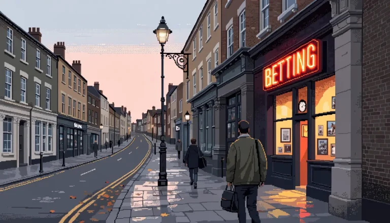 British high street betting shop at dusk with neon sign and passersby.