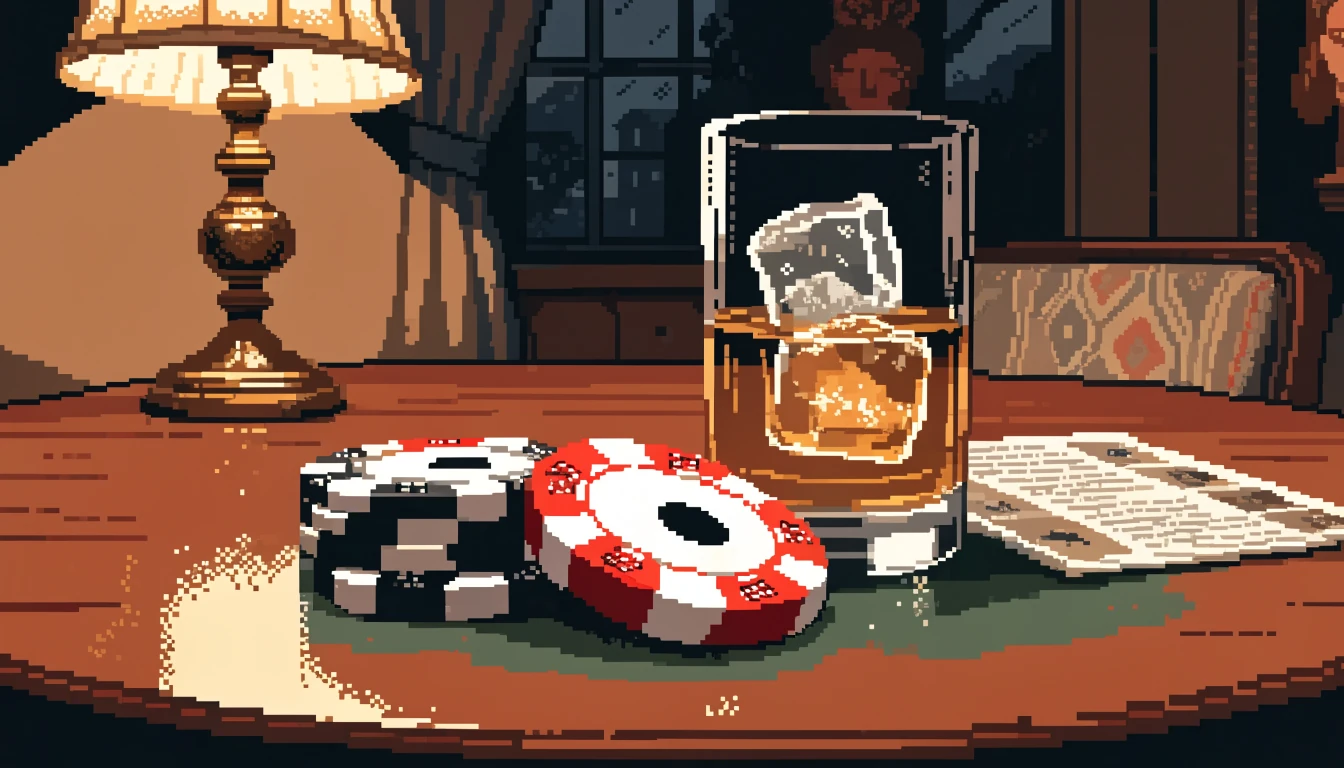 Casino chips on green felt with whisky at a British pub table