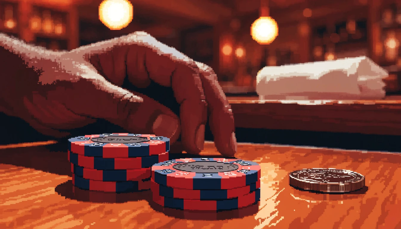 Casino chips and a coin on a wooden pub table under warm light