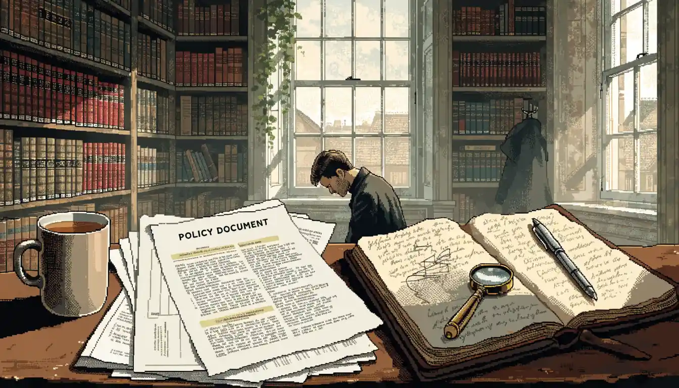 Editorial review desk with documents and magnifying glass in a British study