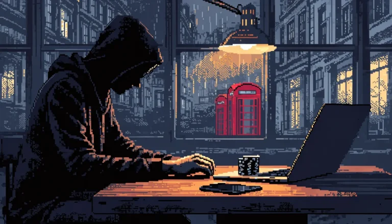 Hooded person at a table with chips, a laptop, and phone under warm lamplight in a dim room