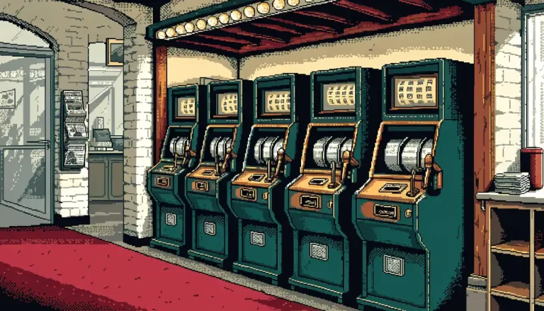 Five classic slot cabinets in a British seaside arcade.