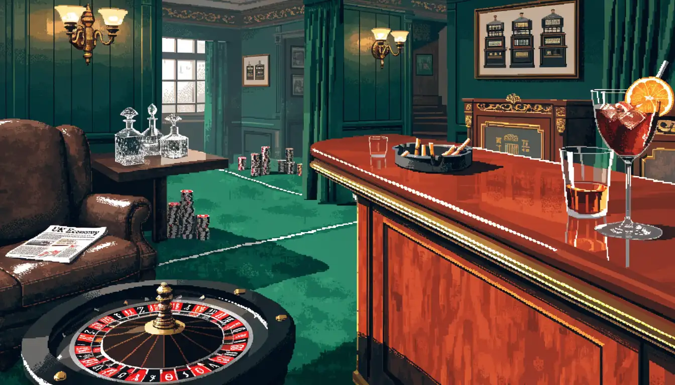 British casino lounge with mahogany bar, roulette wheel, chips and vintage slot artwork