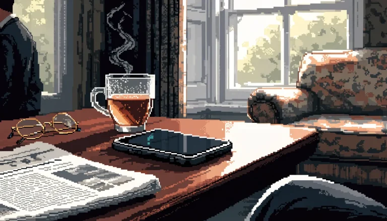 Smartphone on a wooden table in a British living room, beside tea and a newspaper.