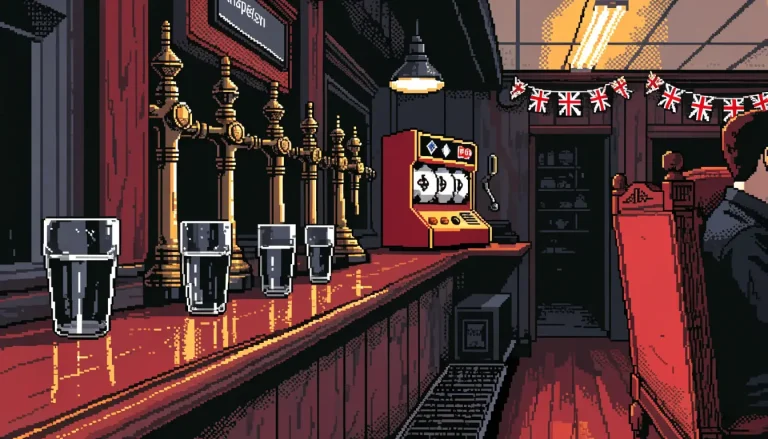 Evening interior of a traditional British pub with a fruit machine.
