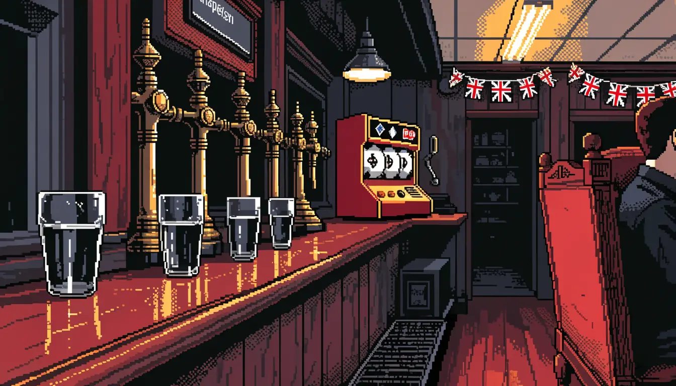 Evening interior of a traditional British pub with a fruit machine.