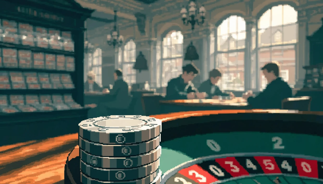 Casino chips and roulette wheel on a wooden table inside a traditional British betting shop.