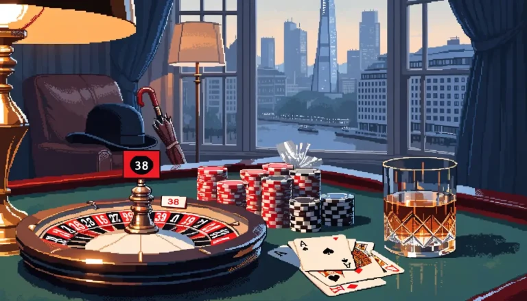 London casino lounge with roulette, chips, and a view of the Shard at dusk.
