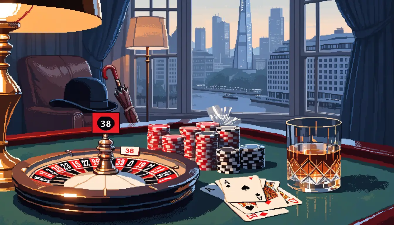 London casino lounge with roulette, chips, and a view of the Shard at dusk.