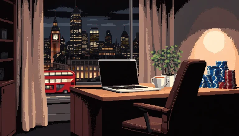 London home office desk at night with poker chips and city skyline view