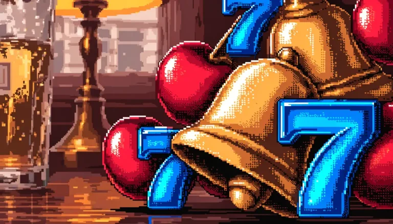 Glossy slot symbols tumbling on a wooden pub table in a British pub