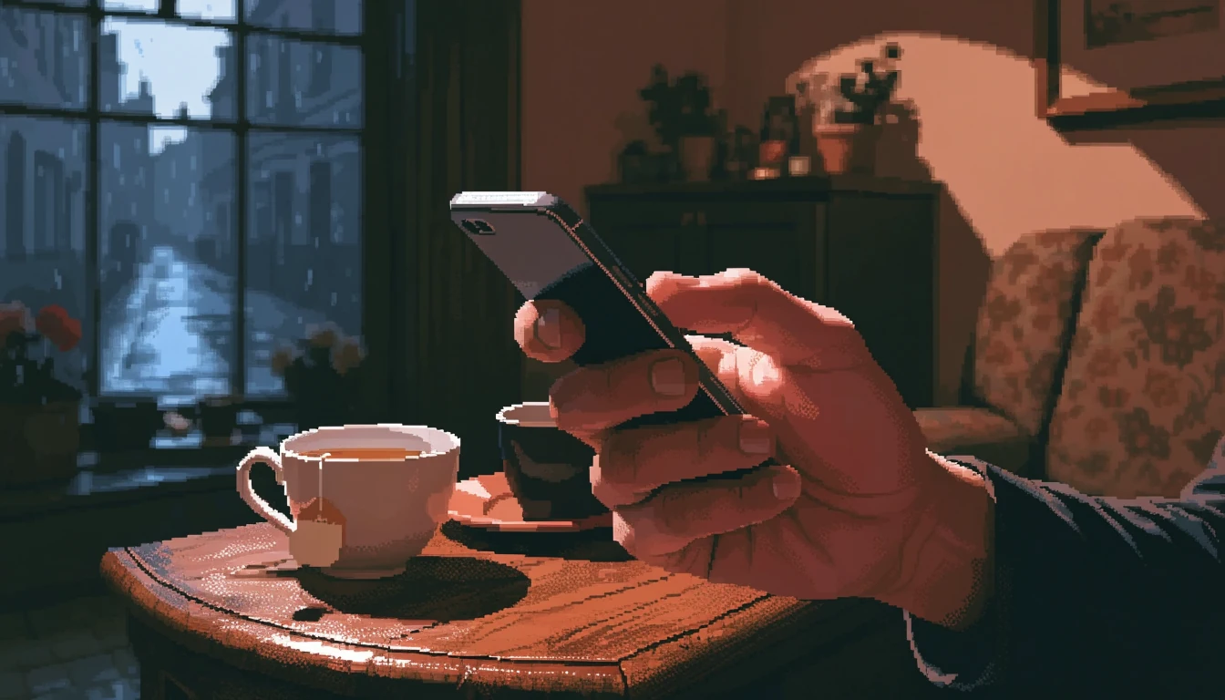 Hand holding a smartphone in a cozy British living room with warm lamp light.