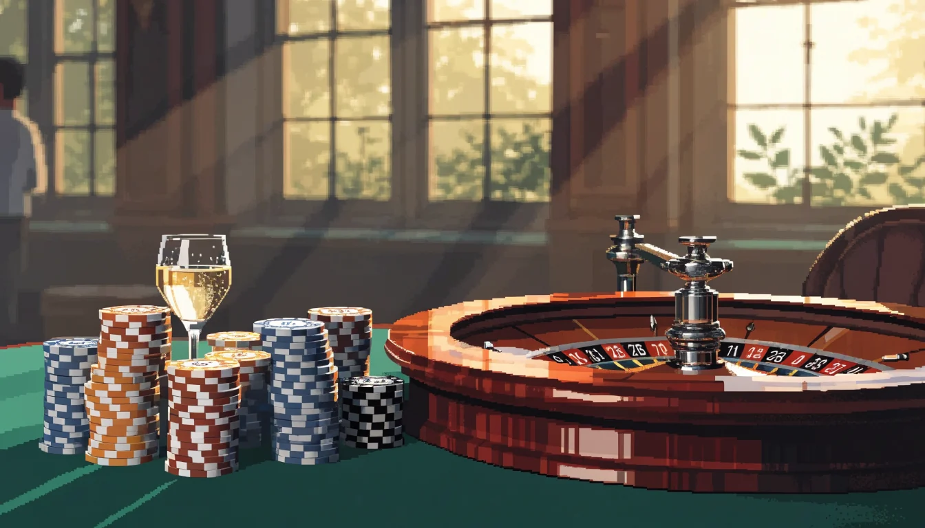Roulette wheel, stacked casino chips, and a champagne glass on green baize in a London casino lounge.