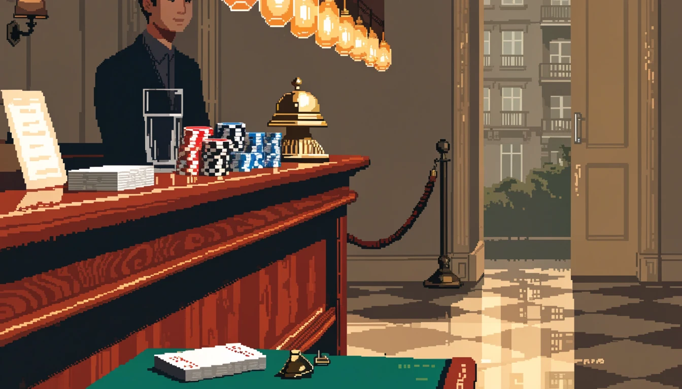 Elegant British casino reception lounge with chips and cards on green felt under warm amber lighting