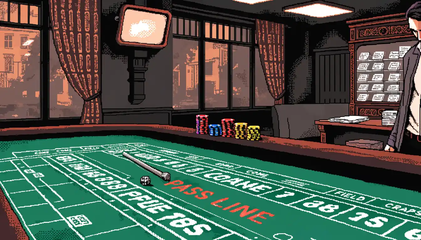 Green craps table with stacked chips and dice inside a UK betting shop.