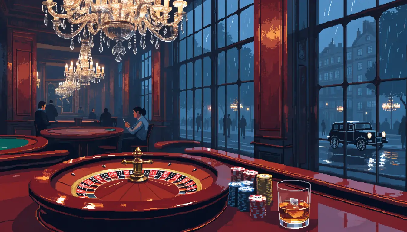 Elegant British casino lounge with roulette wheel, chips, and a London street view