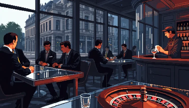 Modern British casino lounge with roulette table and patrons at dusk