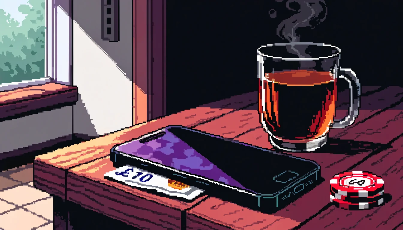 Smartphone on a wooden table with British pound notes and casino chips, soft daylight.
