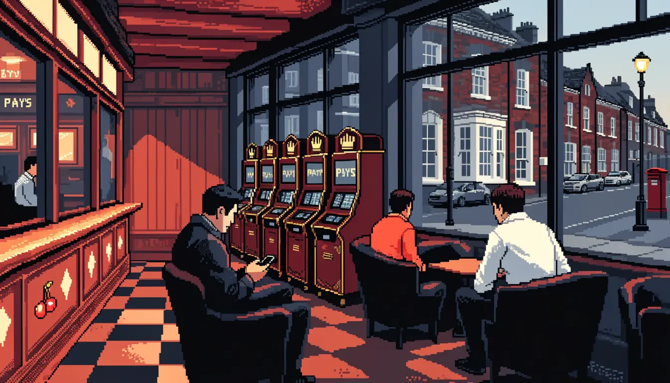 British high-street betting shop interior at dusk with patrons and dark slot cabinets