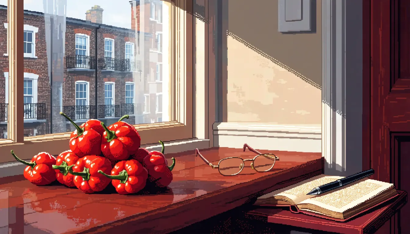 Habanero peppers, glasses, and an open notebook on a kitchen counter by a window.