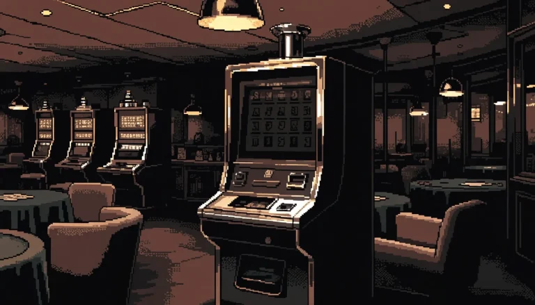 Quiet UK casino lounge featuring one lit slot machine and empty armchairs under warm amber lamps.