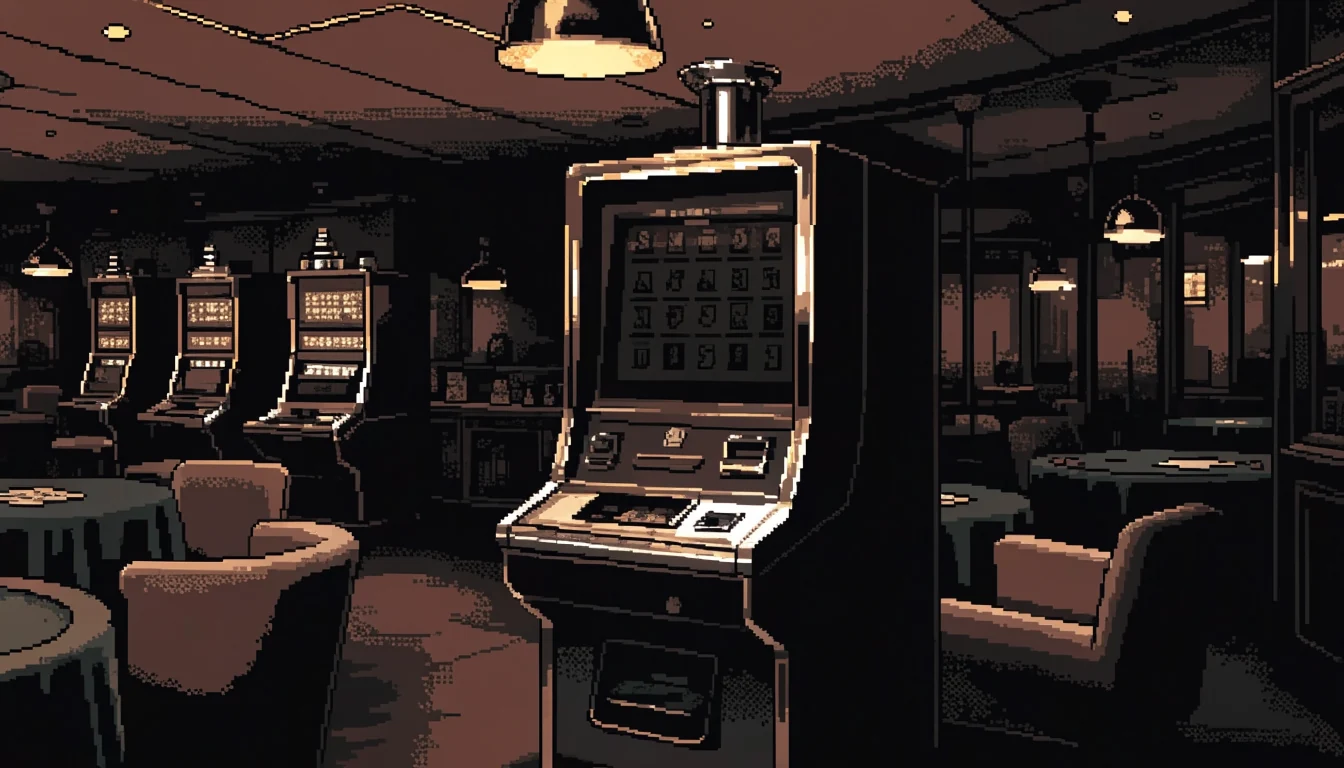 Quiet UK casino lounge featuring one lit slot machine and empty armchairs under warm amber lamps.