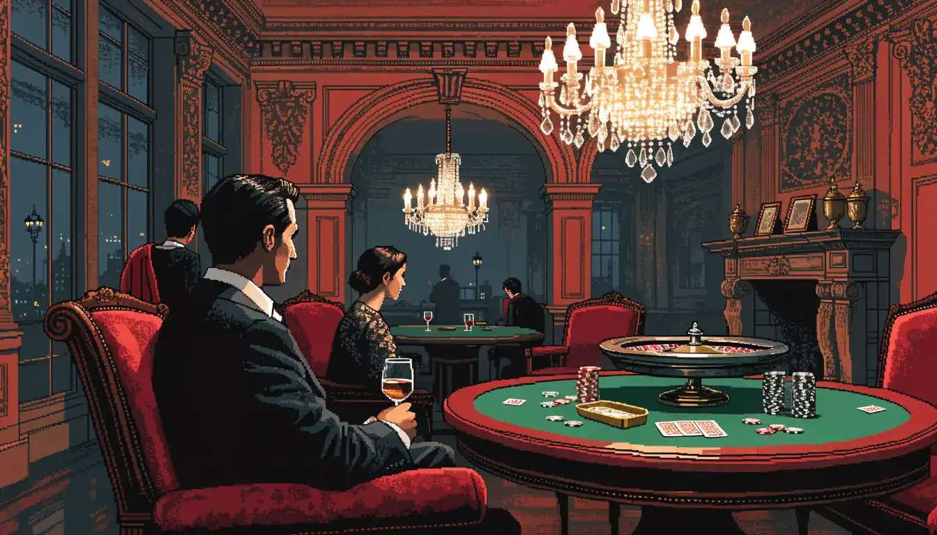 Elegant London casino lounge with roulette wheel and card table