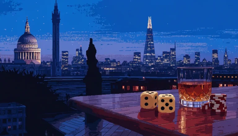 London skyline at dusk with casino chips and dice on a rooftop table