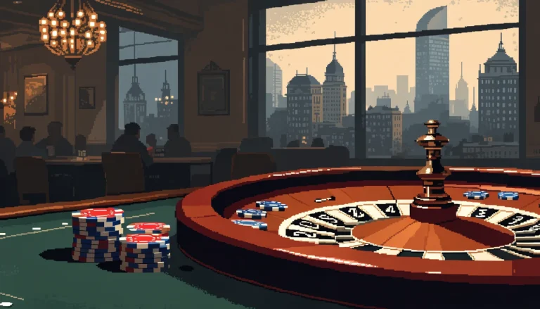Small stack of casino chips beside a roulette wheel in an elegant British casino lounge.