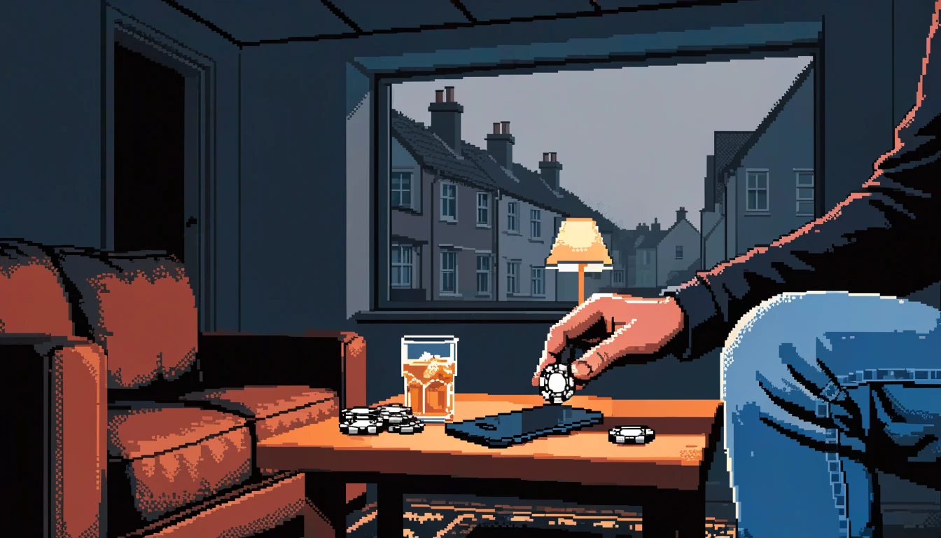 Smartphone on a coffee table with poker chips in a UK living room at dusk