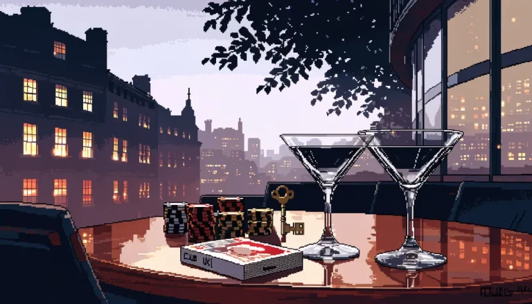 London rooftop lounge at dusk with casino chips, cards and a brass key on a table.