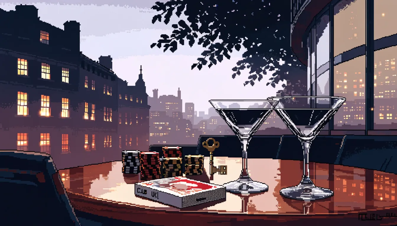 London rooftop lounge at dusk with casino chips, cards and a brass key on a table.