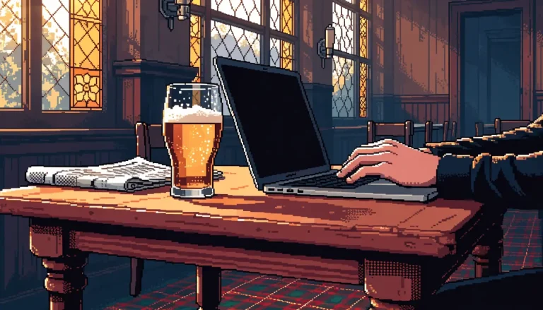 Open laptop on a British pub table with ale and newspaper