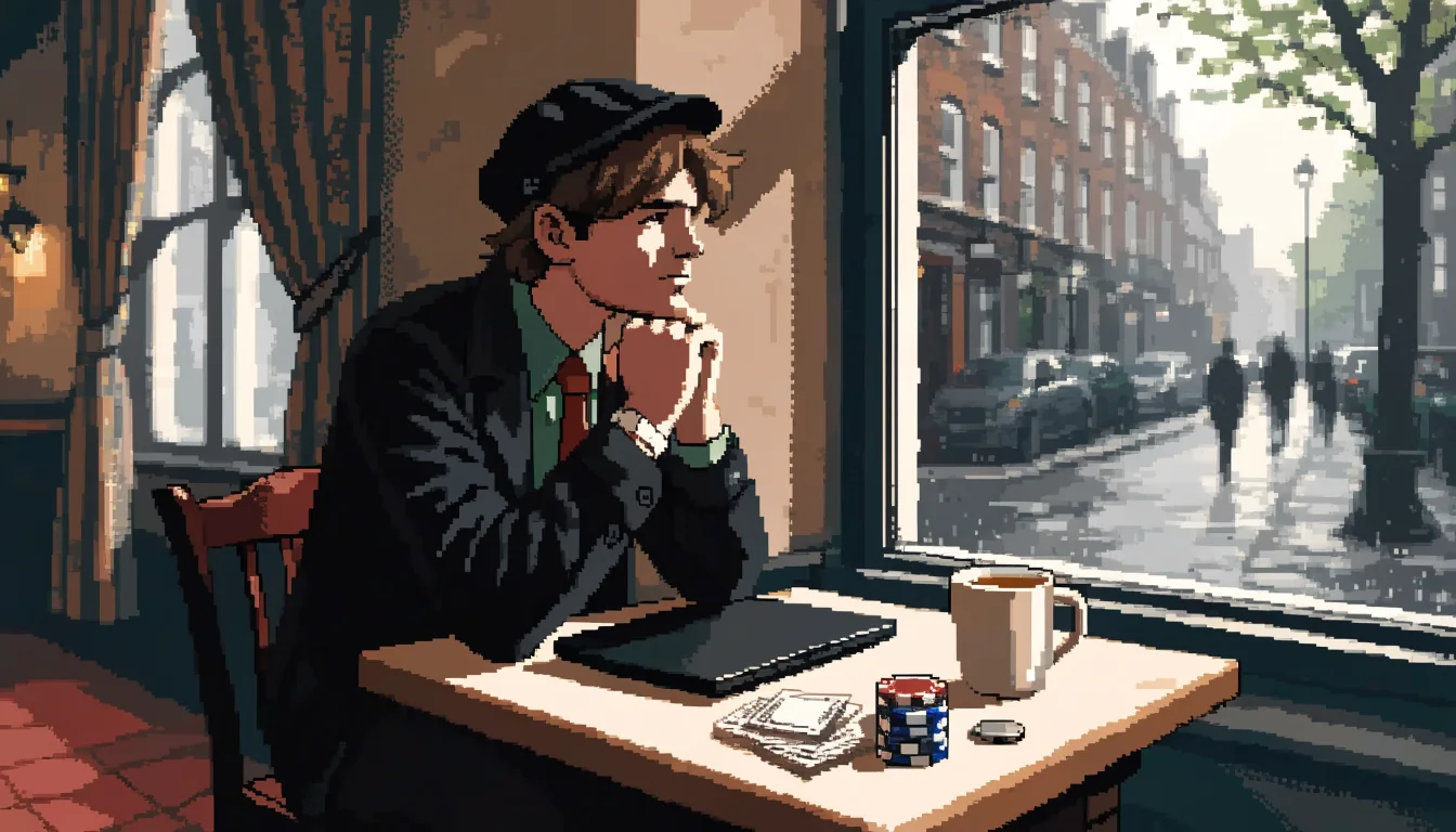 British man at a pub table considering an offshore casino site on his laptop